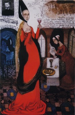 The wine label -Tristan and Isolde (Brangayne of Orange)- by Annael (Anelia Pavlova), artist, 1996
