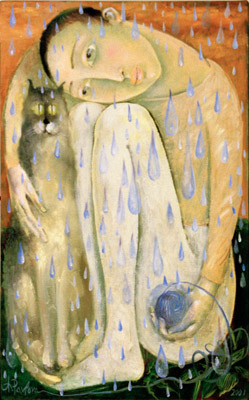 The painting -Girl with a cat on a rainy day- (2001) by Annael (Anelia Pavlova), artist