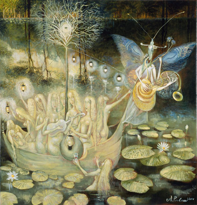 The painting -The virgins and the lamps I- (2001) by Annael (Anelia Pavlova), artist, after the (classical) music of Grieg