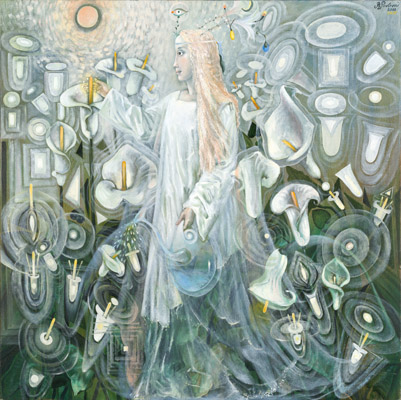 The painting -White Angel of the kalalilly- (2002) by Annael (Anelia Pavlova), artist, after the (classical) music of Messiaen