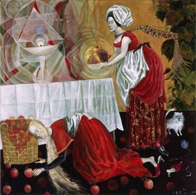 The painting -Still life in red (Martha and Mary)- (2003) by Annael (Anelia Pavlova), artist, after the (classical) music of Wyschnegradsky