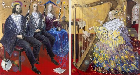 The painting -Oboe trio and a harp (diptych)- (2005) by Annael (Anelia Pavlova), artist, after the (classical) music of Hindemith